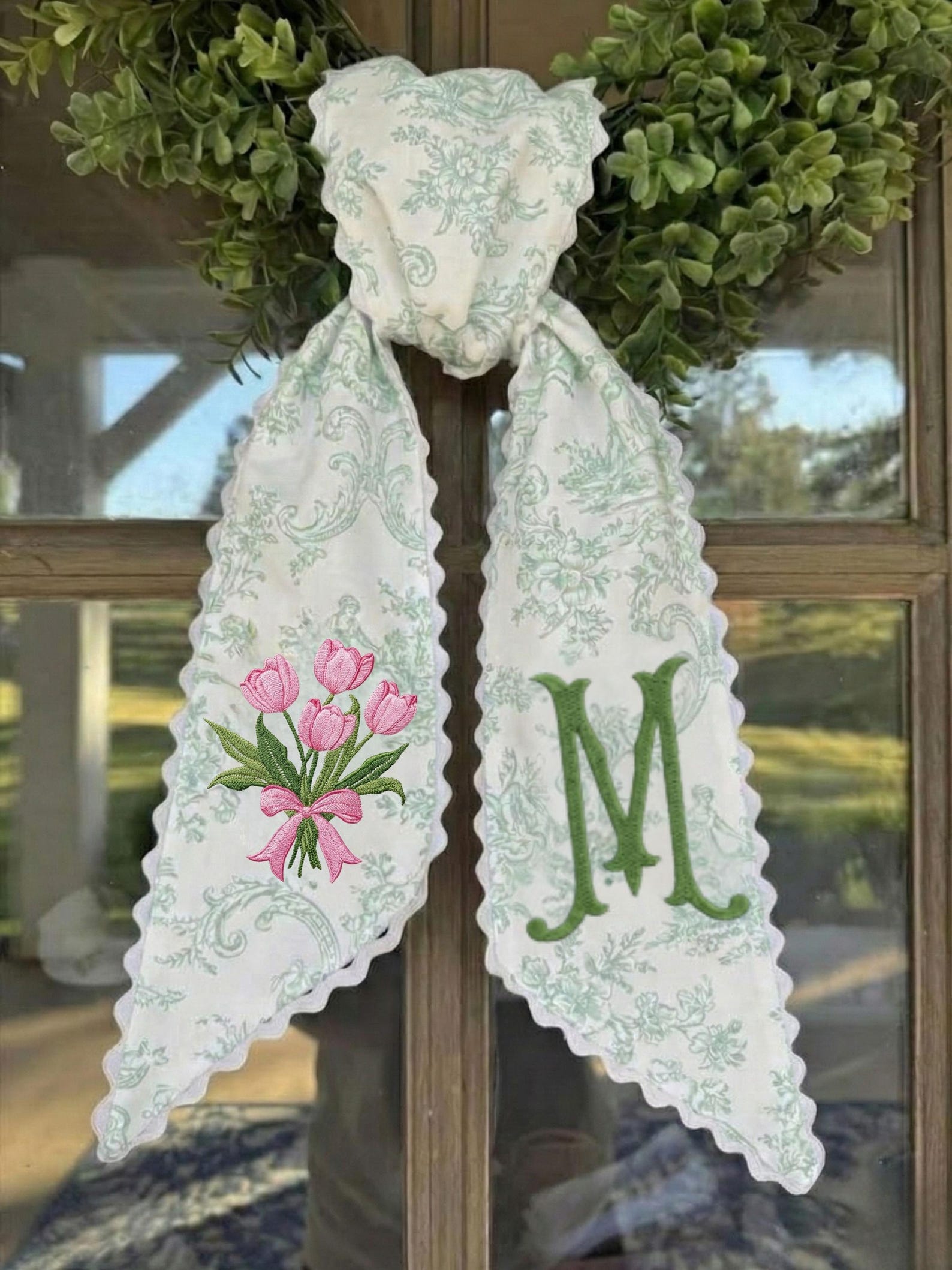 Personalized Tulip Monogram Sash, Toile Ribbon Wreath Decor - Design & Monogram, Green Toile