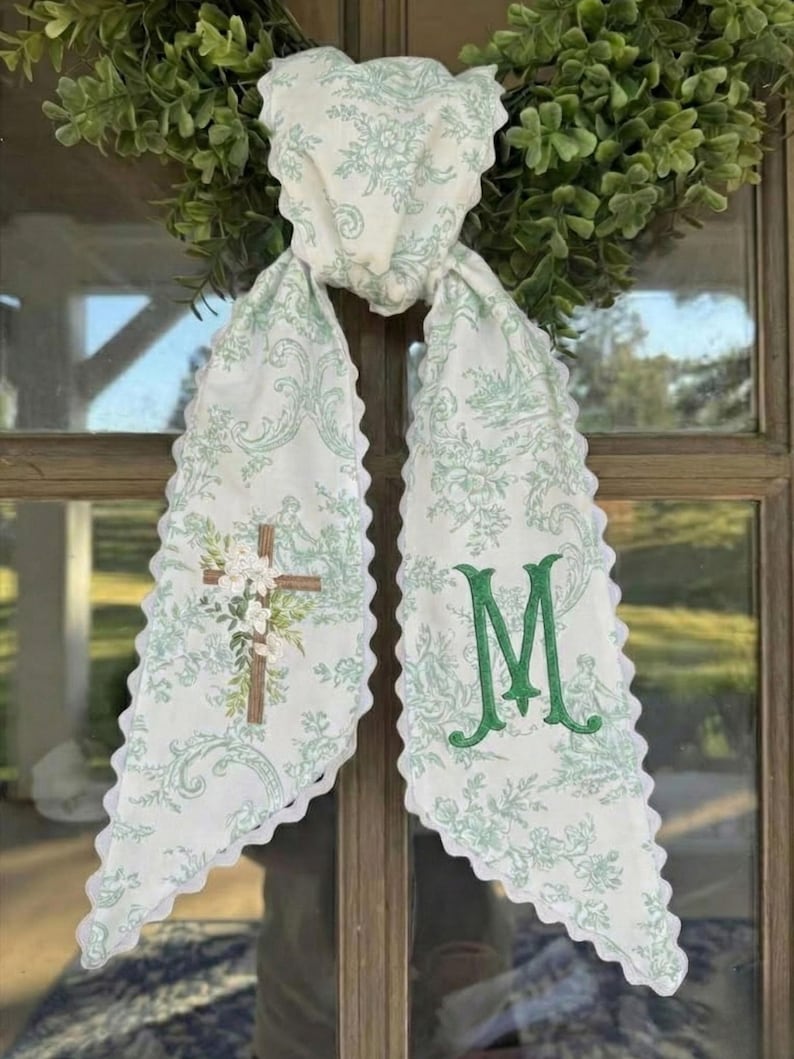 Embroidered Door Decor Sash Toile, Christ Easter Basket Sash, Easter Wreath Ribbon, Personalized He Is Risen Easter Wreath Sash Bow