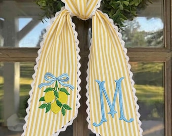 Banda de corona de topiario de limón bordada - Monograma personalizado, decoración de puerta de entrada de estilo chinoiserie, decoración de puerta de verano personalizada