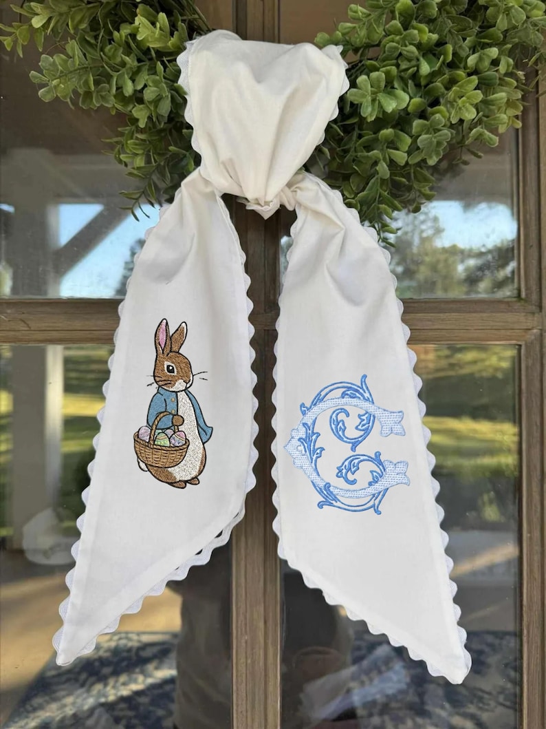 Easter Wreath Sash, Topiary Wreath Sash, Embroidered Bunny & Monogram Wreath Ribbon, Easter Bunny Toile Wreath Sash,Easter Wreath Sash