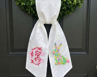 Peter rabbit easter monogrammed wreath sash, Custom Wreath Sash Embroidery, Spring /Easter Wreath Sashes