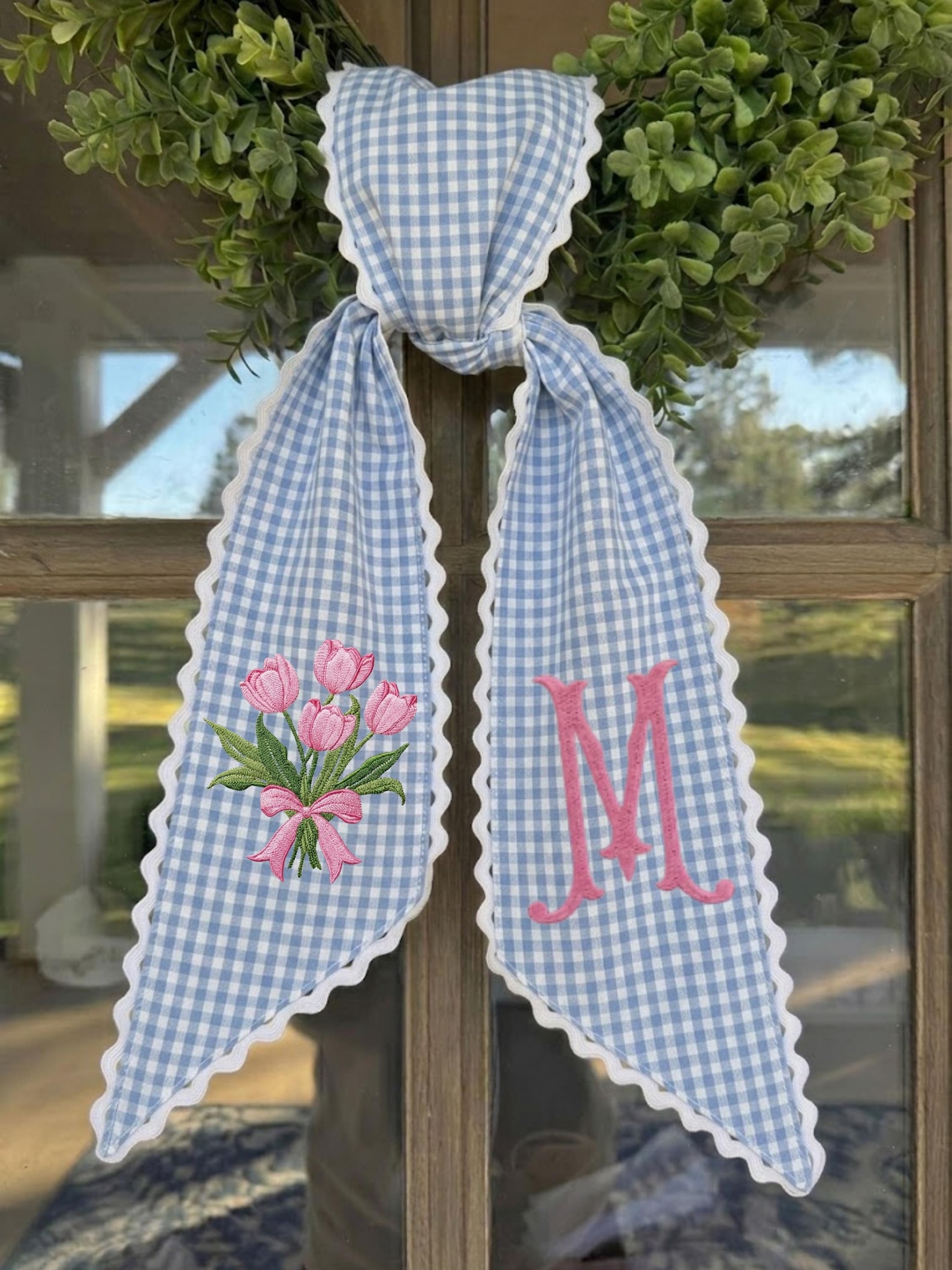 Personalized Tulip Monogram Sash, Toile Ribbon Wreath Decor - Design & Monogram, Blue Gingham