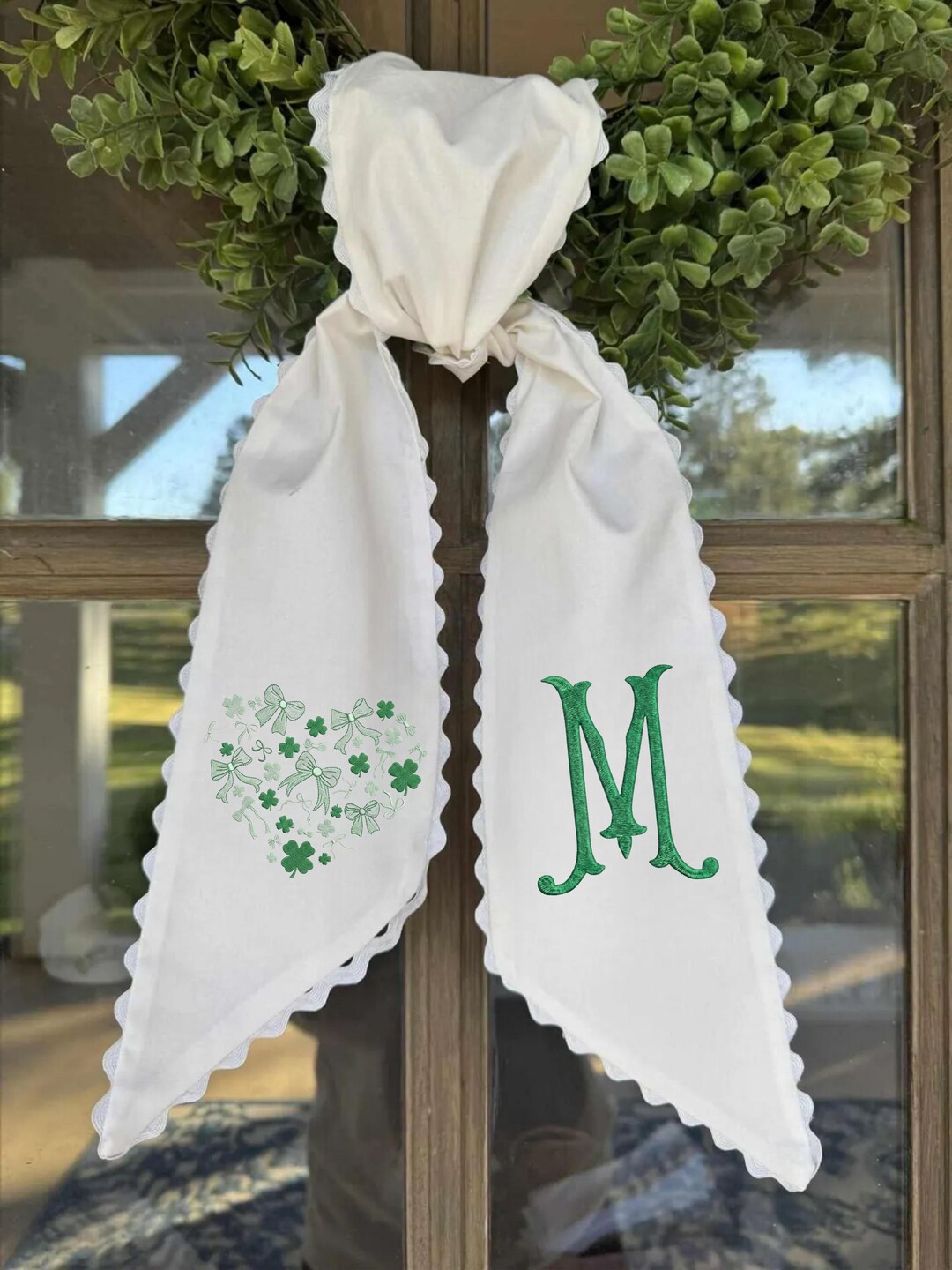 Spring Sashes Personalized St. Patrick's Day Wreath Sash – White Linen With Scalloped ...