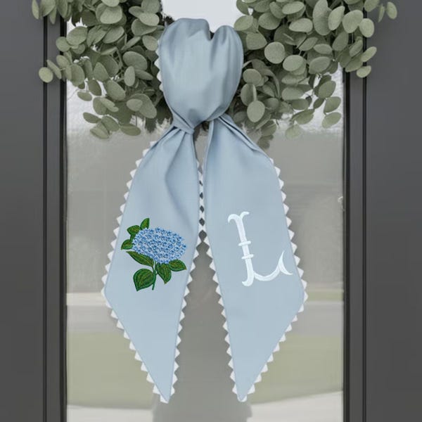 Personalized Light Blue Scalloped Hydrangea Wreath Sash, Wreath Sash Scalloped, Hydrangea Wreath Sash, Embroidered Door Decor