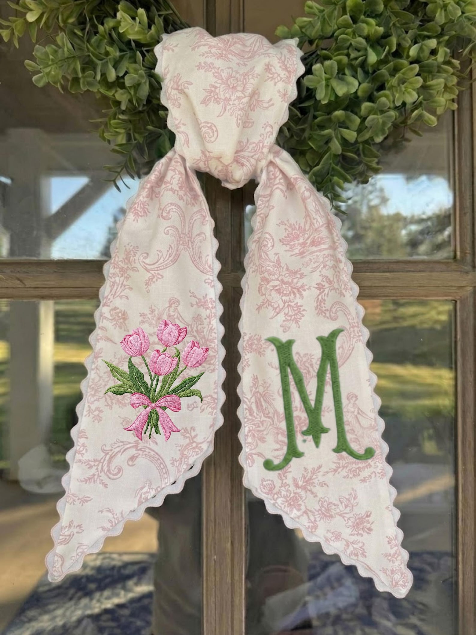 Personalized Tulip Monogram Sash, Toile Ribbon Wreath Decor