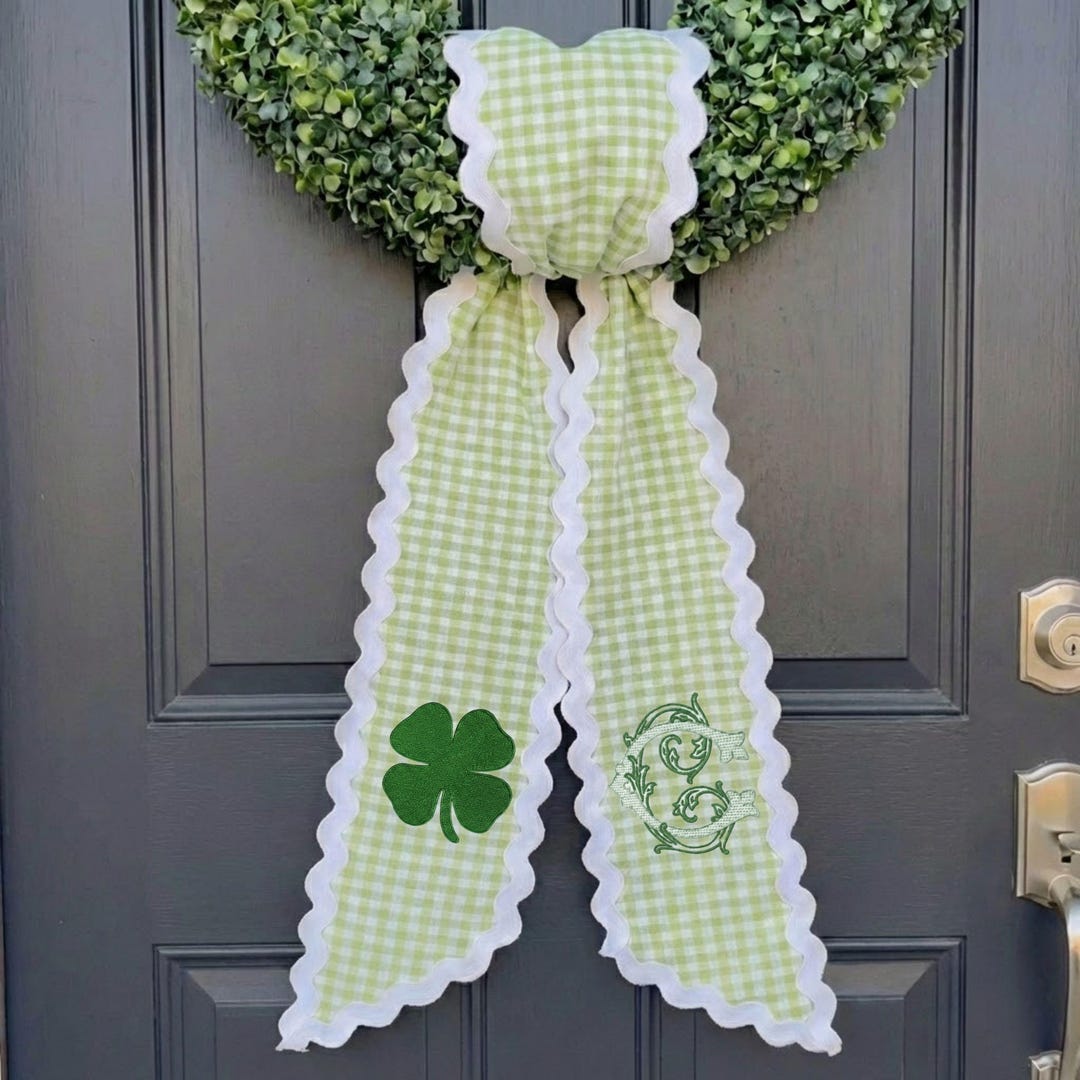 St. Patrick’s Day Wreath Scarf, Green Gingham Door Scarf, Irish Spring Front Door Decor, Wreath Sashes for Front St Patricks - Design & Monogram, 1