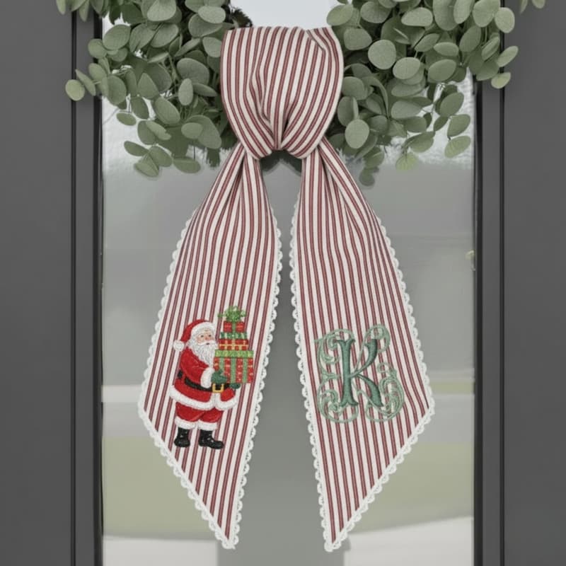 Santa Embroidered Wreath Sash, Red Stripe Christmas Door Bow, Personalized Holiday Décor Gift