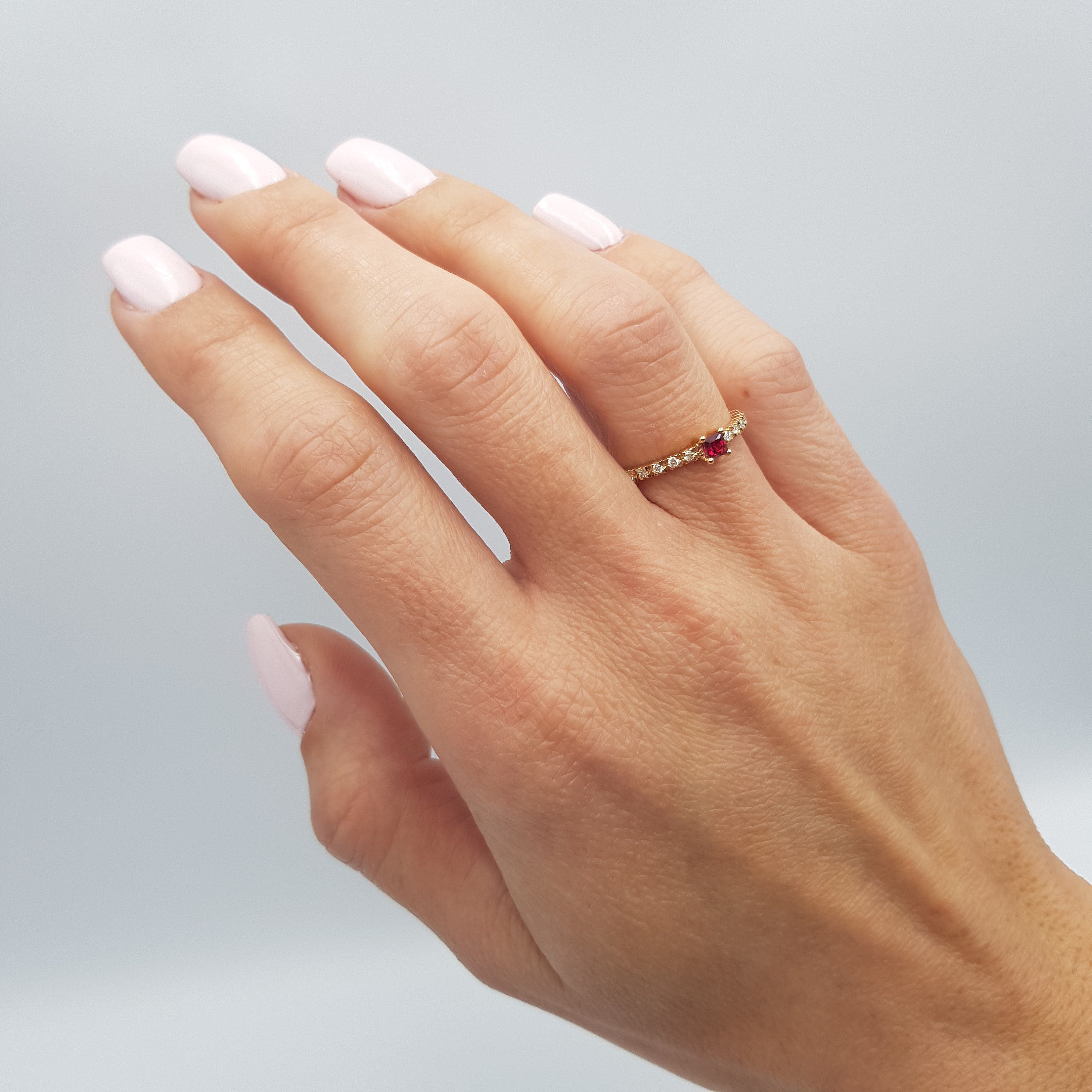Yellow Gold Woman Ring With White Diamonds & Ruby. K18 Solid Gold 