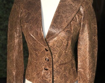 Vintage Vakko Snake Print Leather Blazer Jacket, Genuine Leather Python Pattern Coat, Women’s Statement Blazer, Designer Outerwear. Size 2