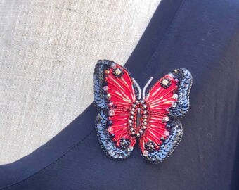 Handmade embroidered butterfly brooch One of a kind beaded moth pin Statement fly hat purse brooch Women birthday & Mothers day gift for mom