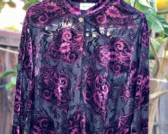 Semi sheer burnout velvet women shirt sz L Vibrant color blouse velvet duster top Birthday women gift for her Christmas gift for mom