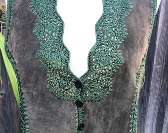 Women suede leather vest with crochet details Women dressy leather waistcoat sz M-L