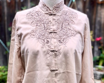 Embroidered silk blouse 80's beige shirt Mandarin collar frog closure Asian long sleeve top Birthday women gift for her Christmas gift mom