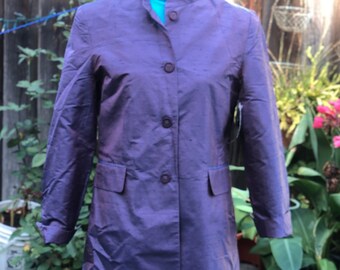 Silk  Windbreaker Button Front Long Top Jacket Blazer Coat sz 10 Purple Lilac Color Bob Mackie Studio Pea Coat Trench Coat