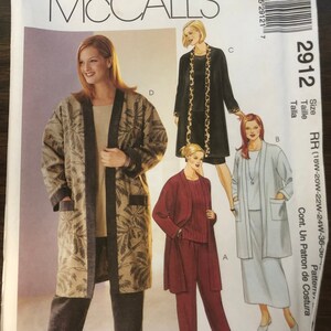 May include: A sewing pattern for a long, open-front jacket with a floral print. The pattern is for sizes 18W-20W-22W-24W and 36-38. The pattern is from McCall's and the number is 2912.
