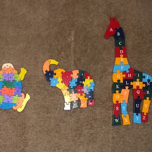 Wooden 3D jigsaw puzzle, Alphabet wooden puzzle, Upper & lower case letters, Number Abc puzzle, Houten wood elephant frog giraffe puzzles