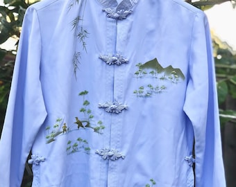 Hand painted silk blouse asian top light blue shirt long sleeve mandarin collar frog closure vintage top women clothing sz M