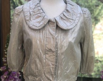 Bridal cropped bolero metallic silver leather jacket Crop top prom dress shrug sz S Wedding shoulder cover up Birthday women gift for her