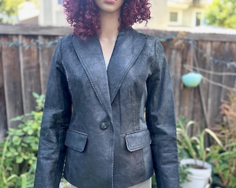 Metalic black leather one button blazer Dressy lightweight lined genuine leather jacket women clothing sz Small