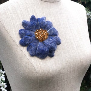 Handmade embroidered wool felted brooch One of a kind blue flower brooch for hat jacket & coat Birthday women gift for her Mothers day gift
