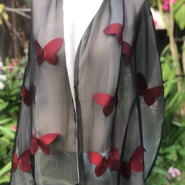 Gorgeous black or white reversible 100% Natural silk chiffon opera shawl w butterfly accents, Evening Summer shoulder cover wrap piano scarf
