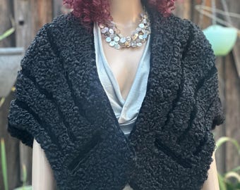 Persian black lamb fur stole w pockets Shoulder shawl cape Warm shoulder cover up Wrap capelet jacket Birthday gift for women Gift for her