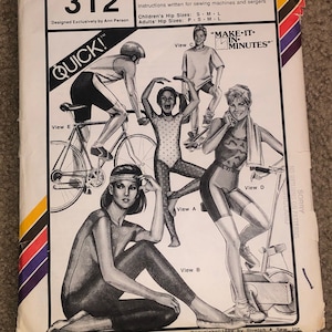May include: A sewing pattern for tights and bicycle shorts. The pattern is numbered 312 and is designed by Ann Person. The pattern includes instructions for sewing machines and sergers. The pattern is for children's and adults' sizes. The pattern is titled "Quick! Make it in minutes."