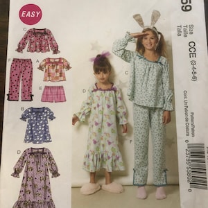 McCalls 6459 Children girl top Sleeping gown Elastic waist pull on shorts and pants Sleepwear pj&#39;s Kid sz 3-4-5-6 Uncut easy sewing pattern