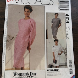 May include: A sewing pattern for a dress with three different styles. The pattern is called "Easy McCall's" and is for size 18/20. The pattern is called "Petite-Able" and is adjustable for Miss Petite.