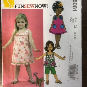 McCalls 6061 Girls tops, dresses and pants, sundress top, sleeveless dress and capri pants Kids size 6-8 Childrens easy sewing pattern Uncut