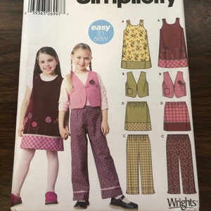 Simplicity 5489 Girls Mix & Match Wardrobe, Jumper, Lined Vest w/ Back Tie, Pull on Pants, Elastic waist Skirt Children sz 3-4-5-6-7-8 UNCUT