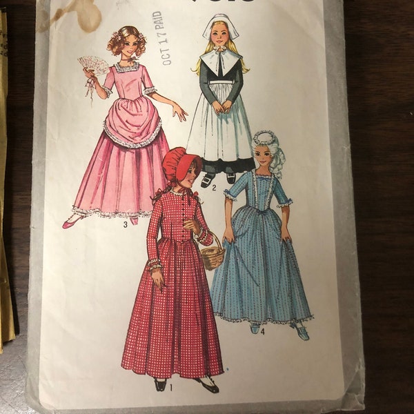 Simplicity 9516 Girls Puritan, Centennial, 18th and 19th Century Costume, Beautiful theater dress Child Size 4 Vintage Sewing Pattern
