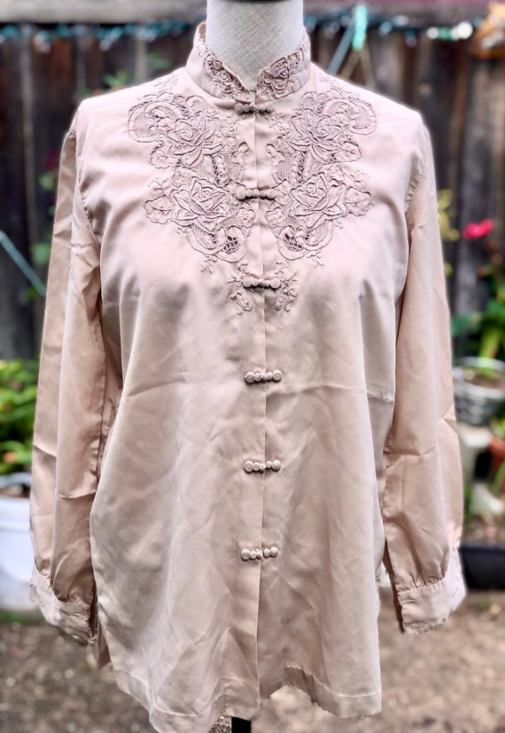 HANDMADE Embroidered Silk Blouse 80s Asian Floral… - image 1