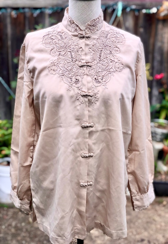 Embroidered Silk Blouse 80's Beige Shirt Mandarin Collar