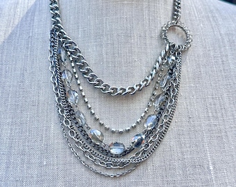 Many Strand Chain Women Necklace, Layered Chain Boho  Asymmetrical Silver Jewelry, Multi Layered Chunky Chain Necklace Gift for Her