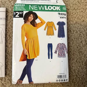 May include: A sewing pattern for a yellow tunic top, a blue and white polka dot dress, and a pair of leggings. The pattern is from New Look and is called "Easy Just for Knits". The pattern number is A6533.