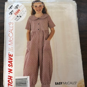 McCALLS 5509 Girls ankle length jumpsuit, romper loose fitting, high waisted w collar and pockets Kids sz 10-12-14 Uncut easy sewing pattern