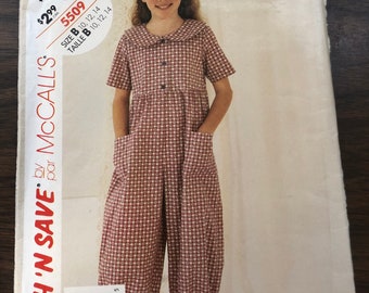 McCALLS 5509 Girls ankle length jumpsuit, romper loose fitting, high waisted w collar and pockets Kids sz 10-12-14 Uncut easy sewing pattern