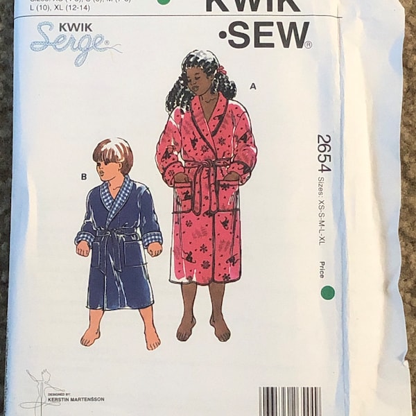 Kwik Sew 2654 Boys and Girls Wrap Front Bathrobes w/ Shawl Collar, Patch Pockets, Belt Kids sz XS-S-M-L-XL 4-14 Uncut easy sewing pattern