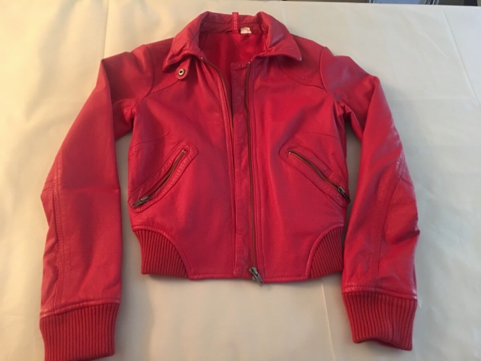 Red Leather Crop Top Bomber Jacket Women Clothing Sz 4 Front