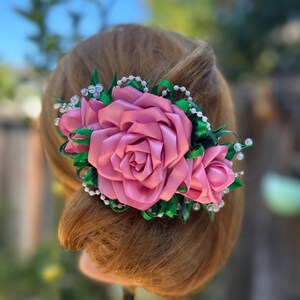 Flower ribbon kanzashi barrette clasp Long hair bows pony tail clips Gift for her