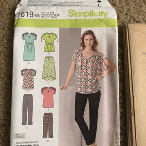 Simplicity 1619 Misses Loose Fitting Dress or Pullover Top and Knit Pants in 2 lengths and Skirt sz 8-16 Uncut women sewing pattern