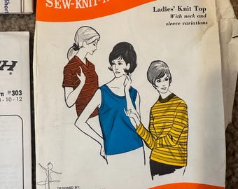 Sew-knit-n-stretch sewing pattern #303 Ladies' Knit Top with neck and sleeve variations Tank top Sweater Pullover V neck top Unused