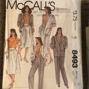 McCALL’s 8493 Misses Jacket, Top, Skirt and Pants sz 12 bust 34 Used Complete vintage women easy sewing pattern