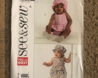 See and Sew 4763 Infants dress, panties, romper and Baby Girl hat, cute Newborn outfit, kids sz Nbn-Sm-Med-Lrg 8-25 lb Uncut sewing pattern