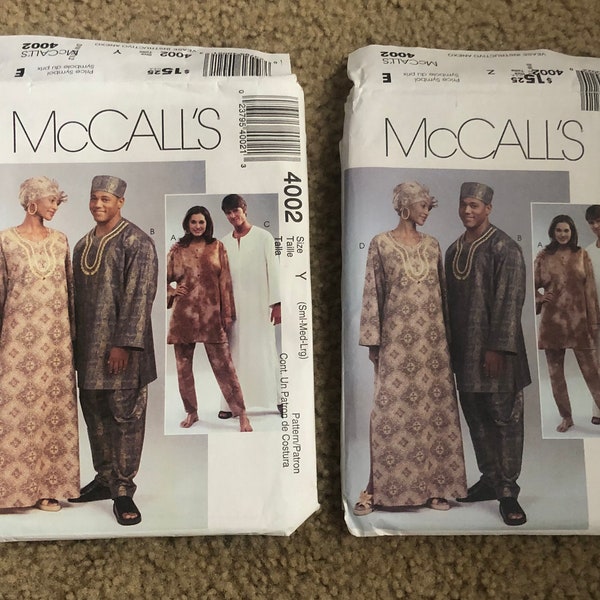 McCalls 4002 Misses & Men’s Tunics, Caftans, Pants, Lined Hat and Headwrap S-M-L or XL-XXL Uncut ethnic unisex very loose long sleeve tunic