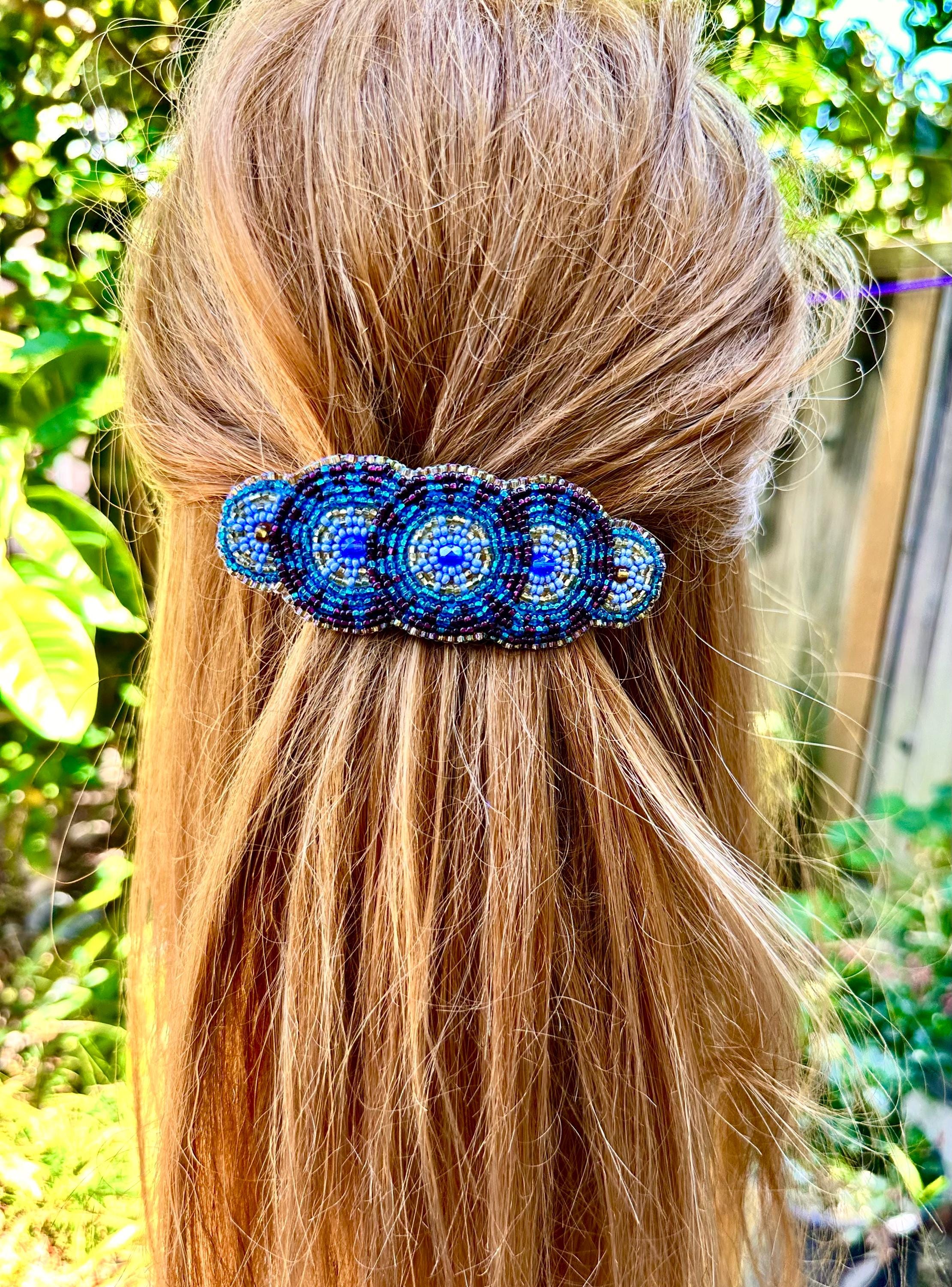ヘアアクセサリー MADISONBLUE RIBBON BARRETTA Beaded Hair Barrette Clasp, Embroidered Pony Tail Clip, Turquoise