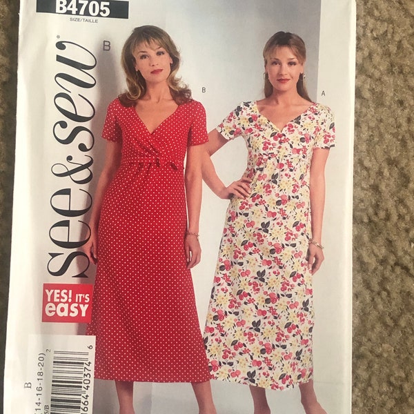 See and Sew 4705 Misses’ Petite short sleeves Dress, A-Line Pull Over V-neck Dress, Women's sz 14-16-18-20 Uncut easy sewing pattern