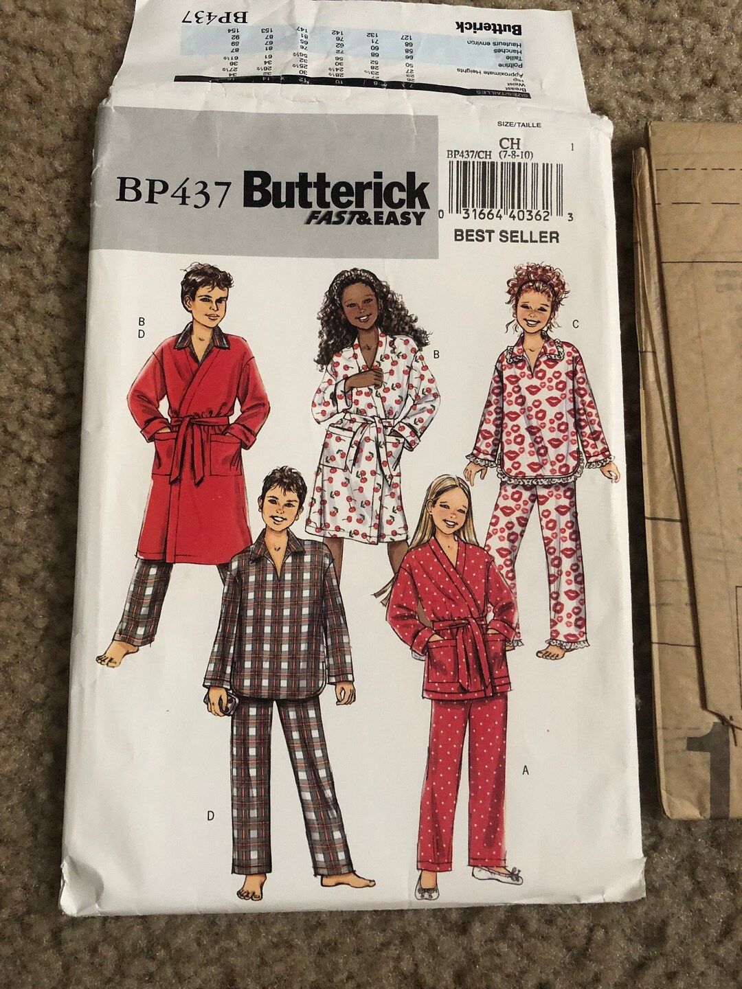 Butterick 4652 BP437 Girls Boys Robe Belt Top and Pants Sz 7-8-10 Uncut ...