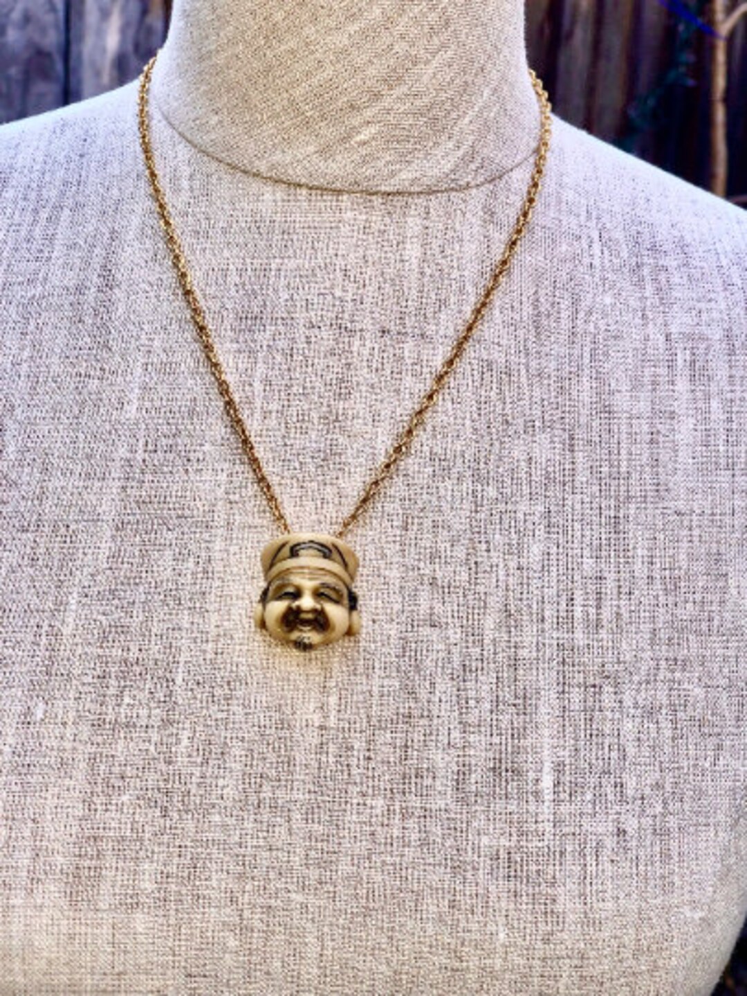 Carved Chinese Oriental Face Pendant Chain Short Necklace Etsy